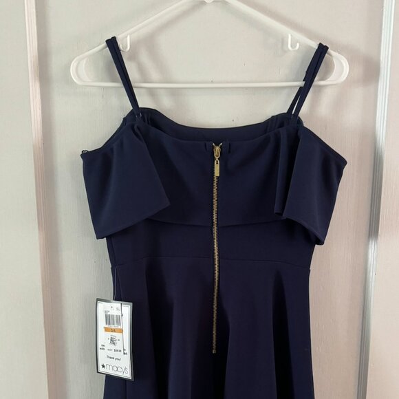 B. Darlin Juniors' Navy Ruffled Off-The-Shoulder Dress - Picture 3 of 5